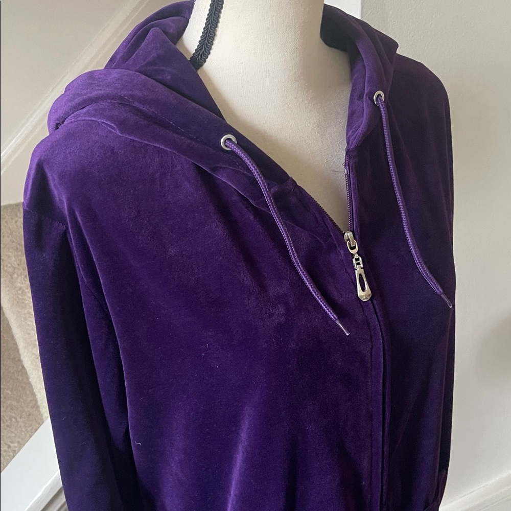 Velour Deep Purple Zip-Up Drawstring Hoodie with Pockets Size 2X